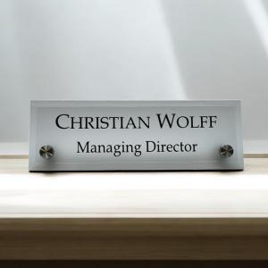 Gugan's Acrylic Desk Name Plate - Personalised Desk Name Plate, Custom Desk Sign, Office Plaque, Executive Office Sign (12 x 4 Inches) with 2 nos Studd (Frost)