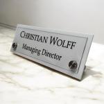 Gugan's Acrylic Desk Name Plate – Personalized Custom Table Sign Plate | Office Name Plaque with 2 Studs | Executive Desk Signage for Business, Conference, Home Office (12 x 4 Inch, White)