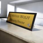 Gugan's Acrylic Desk Name Plate – Personalized Custom Table Sign Plate | Office Name Plaque with 2 Studs | Executive Desk Signage for Business, Conference, Home Office (12 x 4 Inch, Golden)