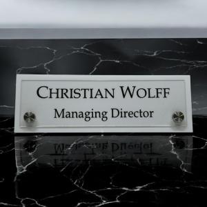 Gugan's Acrylic Desk Name Plate – Personalized Custom Table Sign Plate | Office Name Plaque with 2 Studs | Executive Desk Signage for Business, Conference, Home Office (12 x 4 Inch, White)
