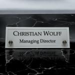 Gugan's Acrylic Desk Name Plate – Personalized Custom Table Sign Plate | Office Name Plaque with 2 Studs | Executive Desk Signage for Business, Conference, Home Office (12 x 4 Inch, White)