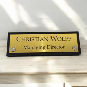 Gugan's Acrylic Desk Name Plate – Personalized Custom Table Sign Plate | Office Name Plaque with 2 Studs | Executive Desk Signage for Business, Conference, Home Office (12 x 4 Inch, Golden)