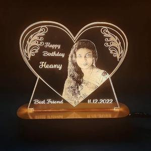 Acrylic Heart Shape 3D Illusion Photo LED Lamp |Color - Blue, 8x6 Inch| Customized, Personalized with Photo, Name | Best Gift for Wedding, Anniversary, Valentine Day for Husband Wife Couple