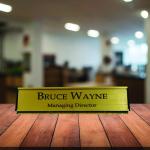 Gugan's Aluminum Desk Name Plate – Personalized Office Name Sign with Holder, Modern Desk Décor for Professionals, Boss, and Executives- Double Side (12 x 3 Inches) (Gold, Gold)