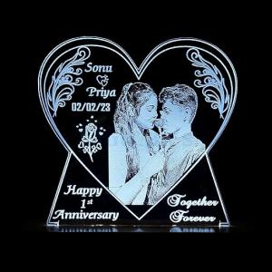 Acrylic Heart Shape 3D Illusion Photo LED Lamp |Color - Blue, 8x6 Inch| Customized, Personalized with Photo, Name | Best Gift for Wedding, Anniversary, Valentine Day for Husband Wife Couple