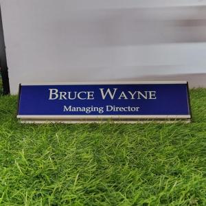 Gugan's Aluminum Desk Name Plate – Personalized Office Name Sign with Holder, Modern Desk Décor for Professionals, Boss, and Executives- Double Side (12 x 3 Inches) (Blue, Silver)
