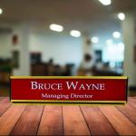 Gugan's Aluminum Desk Name Plate – Personalized Office Name Sign with Holder, Modern Desk Décor for Professionals, Boss, and Executives- Double side (12 x 3 Inches) (Red, Gold)