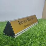 Gugan's Aluminum Desk Name Plate – Personalized Office Name Sign with Holder, Modern Desk Décor for Professionals, Boss, and Executives- Double Side (12 x 3 Inches) (Gold, Silver)