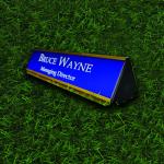 Gugan's Aluminum Desk Name Plate – Personalized Office Name Sign with Holder, Modern Desk Décor for Professionals, Boss, and Executives- Double side (12 x 3 Inches) (Blue, Gold)