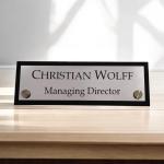 Gugan's Acrylic Desk Name Plate - Personalised Desk Name Plate, Custom Desk Sign, Office Plaque, Executive Office Sign (12 x 4 Inches) with 2 nos Studd (Black and Silver)