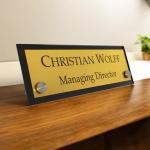 Gugan's Acrylic Desk Name Plate – Personalized Custom Table Sign Plate | Office Name Plaque with 2 Studs | Executive Desk Signage for Business, Conference, Home Office (12 x 4 Inch, Golden)