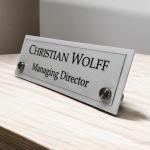 Gugan's Acrylic Desk Name Plate – Personalized Custom Table Sign Plate | Office Name Plaque with 2 Studs | Executive Desk Signage for Business, Conference, Home Office (12 x 4 Inch, White)