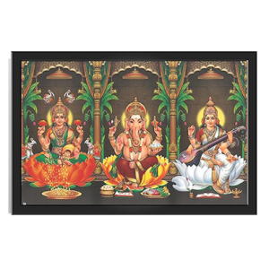 anesh/Mahalakshmi/Saraswati/Photo Frame | Hindu Bhagwan Devi Devta in Single Frame for Pooja | Wall Décor, Engineered Wood, Wall Mount, Multicolour - 13x19 inches