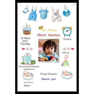 Baby Happy Birthday Engineered Wood Photo Frame With Birth Details | Kids Personalised Happy Birthday Memory Wall Mount Gift Photo Frame For Boy or Girl (12x8 Inch, Design-1)