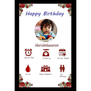 Baby Happy Birthday Engineered Wood Photo Frame With Birth Details | Kids Personalised Happy Birthday Memory Wall Mount Gift Photo Frame For Boy or Girl (10x15 Inch, Design-2)