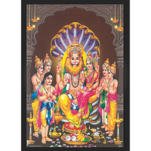 Devi Lakshmi Narasima Swamy Lord Narsingh Bhagwan Wall Photo Framed for Home Decor | Pooja Room | Narsingh, Narasingha, Narsimha, Narasimhar, Prahlad Ready to Hang Wall Mount