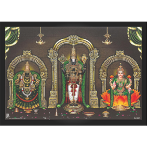 Tirupati Venkateswara Swamy (Balaji) with Padmavati & Lakshmi Devi Wall Photo Framed for Home Decor, Worship Pooja/Temple Room | Ready to Hang Wall Mount
